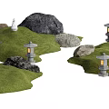 Garden Ornaments With Green Grass Various Rocks White Statue And Stone Lanterns With Warm Light