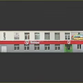 Modern TESCO Retail Building With Solar Panel Roof Red Accent Strip And Storefront Windows