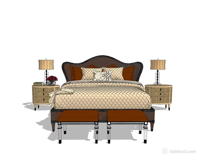 Stylish Double Bed With Bedside Tables Table Lamps And Patterned Bedding 3d model