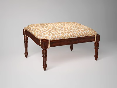 Classic Ottoman With Leopard Print Beige Cushion And Wooden Carved Legs 3d model