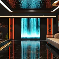 Luxury Clubhouse Entrance With Blue Ceiling Lighting Red Walls Glass Doors And Black Marble Floor