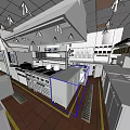 Commercial Kitchen With Stainless Steel Equipment Chef Hood Vent And Tile Walls