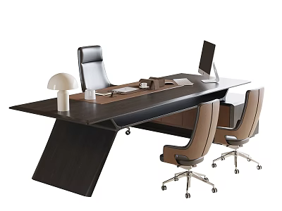 Modern Executive Office Desk With Black Surface Desk Lamp Computer Monitor Office Supplies And Three Chairs 3d model