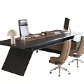 Modern Executive Office Desk With Black Surface Desk Lamp Computer Monitor Office Supplies And Three Chairs