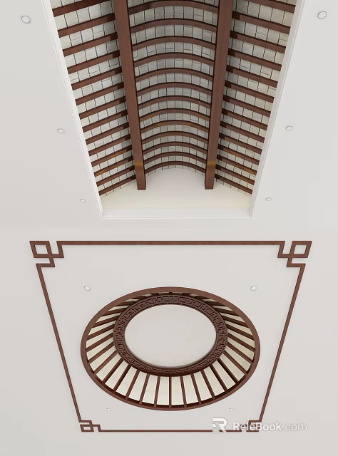 Ceiling Design With Wooden Geometric Frames Circular Decor And Square Border Elements 3d model