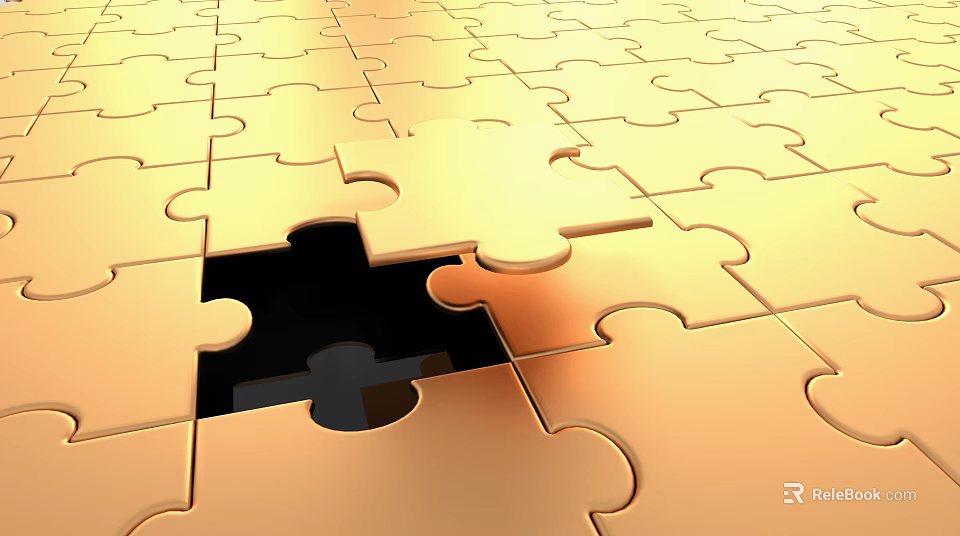 Golden Puzzle Pieces With One Missing Showing Black Empty Space 3d model
