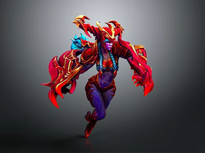 3D Fantasy Warrior Game Character With Red Gold Armor Blue Braided Hair And Purple Mythical Attire 3d model