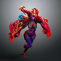 3D Fantasy Warrior Game Character With Red Gold Armor Blue Braided Hair And Purple Mythical Attire