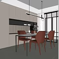 Modern Restaurant Interior Design With White Dining Table Brown Leather Chairs And Linear Pendant Light 3d model