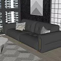 Black Leather Multi person Sofa With Geometric Pattern Pillows Glass Coffee Table And Area Rug