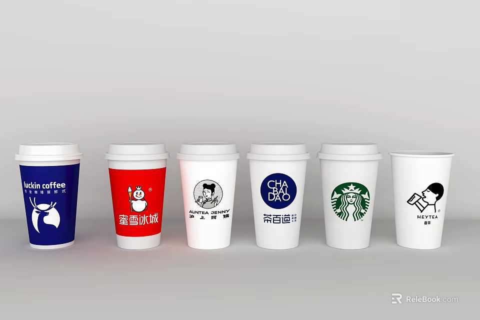 Various Branded Coffee Cups with Different Logos Arranged in a Row 3d model 