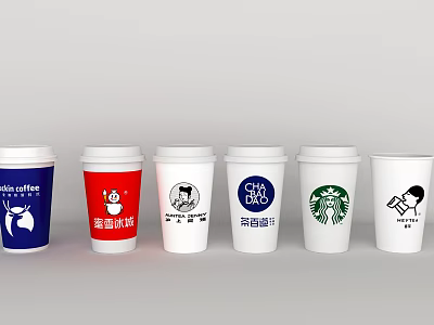 Various Branded Coffee Cups with Different Logos Arranged in a Row 3d model