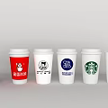 Various Branded Coffee Cups with Different Logos Arranged in a Row