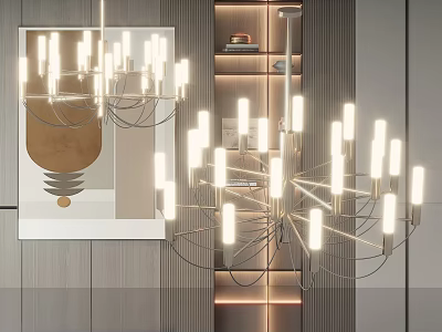 Modern Metal Frame Chandelier With Multiple Bright Lights In Interior Space 3d model