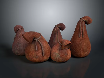 Brown Pear Shaped Textured Cloth Bags With Drawstring Closure In Various Sizes On Dark Background 3d model