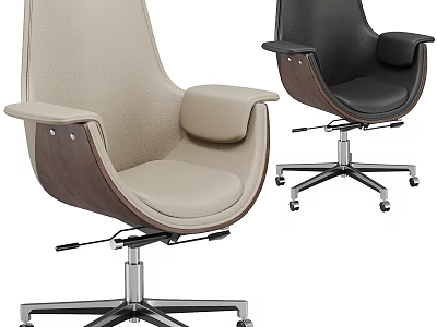 Modern Table and Chair Set with Beige Black Leather Chairs Wooden Armrests Metal Bases Wheels 3d model
