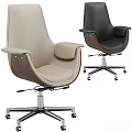 Modern Table and Chair Set with Beige Black Leather Chairs Wooden Armrests Metal Bases Wheels