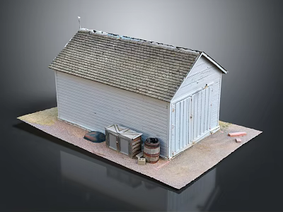 Wooden House With White Exterior Gray Roof And Wooden Crates Barrels 3d model