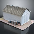 Wooden House With White Exterior Gray Roof And Wooden Crates Barrels