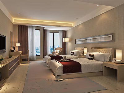 Hotel Guest Room Interior With Twin Beds Large Windows And Flat Screen TV 3d model