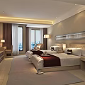 Hotel Guest Room Interior With Twin Beds Large Windows And Flat Screen TV