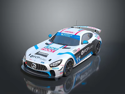Mercedes Racing Car With Rear Wing White Blue Red Stripes And Sponsor Logos 3d model