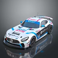 Mercedes Racing Car With Rear Wing White Blue Red Stripes And Sponsor Logos