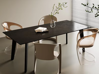 Modern Dark Wooden Table And Chair Set With Vase And Plants In Interior 3d model