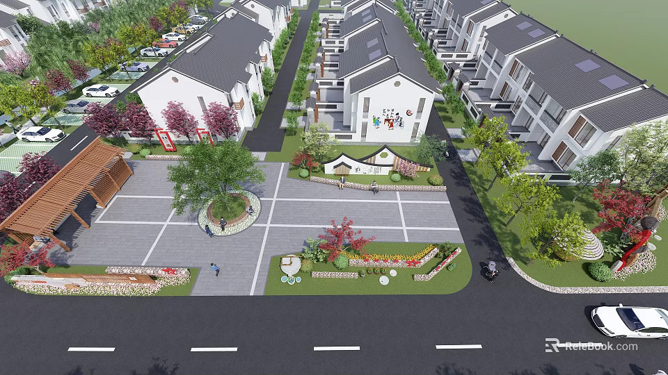 Neat Residential Community Layout With Landscaped Greenery Parking Spaces And Courtyard Areas 3d model 
