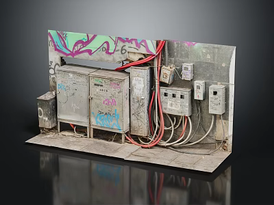 Weathered Electrical Control Panels With Colorful Graffiti Exposed Wires And Junction Boxes 3d model