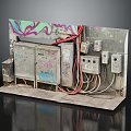 Weathered Electrical Control Panels With Colorful Graffiti Exposed Wires And Junction Boxes