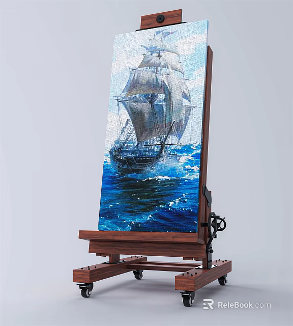 Professional Wooden Easel Displaying Canvas Painting Of Sailing Ship On Ocean Waves 3d model 