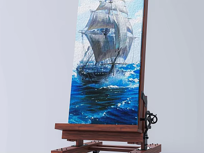 Professional Wooden Easel Displaying Canvas Painting Of Sailing Ship On Ocean Waves 3d model