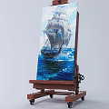 Professional Wooden Easel Displaying Canvas Painting Of Sailing Ship On Ocean Waves
