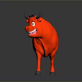 Red Cartoon Cow With Horns Smiling On Gray Background With Reflection