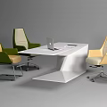 Modern White Office Desk With Laptop Tablet And Stylish Yellow Green Chairs
