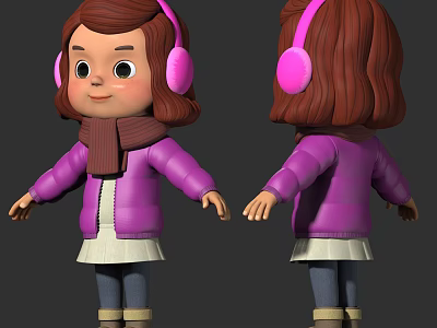 Cartoon Girl With Brown Hair Pink Headphones Purple Coat White Dress And Blue Pants 3d model