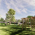 Modern Urban Neighborhood With High Rise Buildings Tree Lined Streets Vehicles And Pedestrians