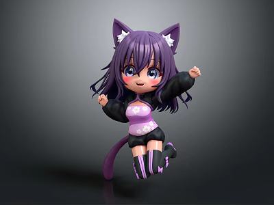Game And Movie Character 3D Cartoon With Purple Hair Cat Ears Tail Playful Jumping Pose 3d model