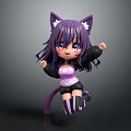 Game And Movie Character 3D Cartoon With Purple Hair Cat Ears Tail Playful Jumping Pose