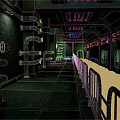 Cartoon Style Underground Tunnel Featuring Brick Walls Metal Pipes Railings And Greenish Lighting