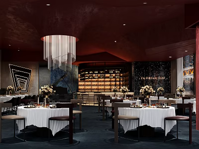 Elegant Modern Restaurant Interior With Hanging Chandelier Wine Shelves Dining Tables And White Tablecloths 3d model