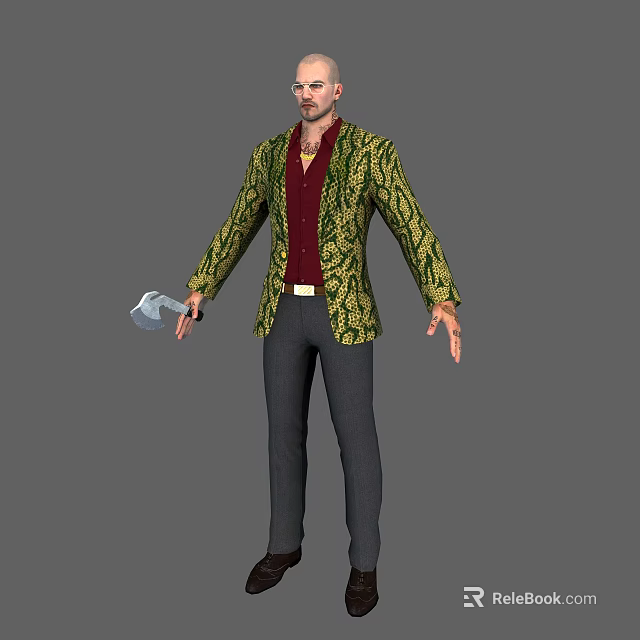A Man Wearing Green And Yellow Patterned Blazer Red Shirt Black Pants Holding An Axe 3d model 