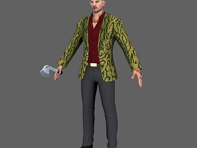 A Man Wearing Green And Yellow Patterned Blazer Red Shirt Black Pants Holding An Axe 3d model