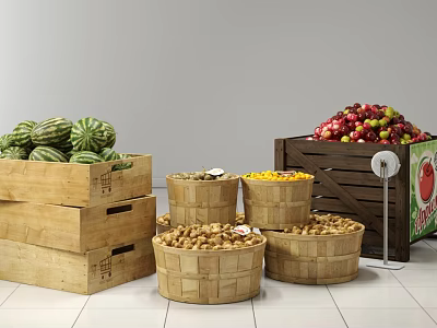 Farm Fresh Watermelons and Red Fruits in Wooden Crates with Buckets of Mixed Fruits 3d model