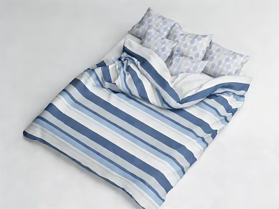 Comfortable Mattress Bed Setup With Blue White Striped Quilt And Polka Dot Pillows 3d model