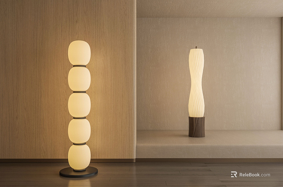 Modern Minimalist Floor Lamp with Stacked Round Globes and Slender Textured Wooden Base Design 3d model 