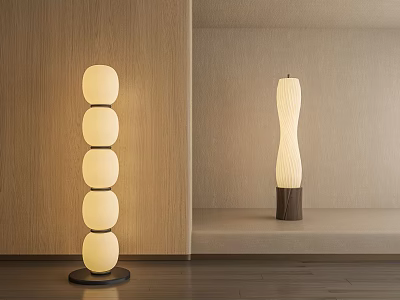 Modern Minimalist Floor Lamp with Stacked Round Globes and Slender Textured Wooden Base Design 3d model