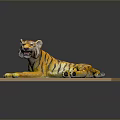 Yellow Black Striped Tiger Model Lying On Light Colored Platform With Gray Background