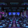 Modern Bar Interior With Neon Lights Seating Areas And Bar Counter